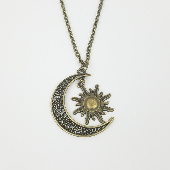 BRONZE Crescent Moon Sun Boho Pendant Necklace - Picture 2 of 4
